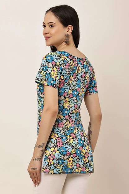 Women's Multicolor Floral Print Short Sleeve Tunic Top