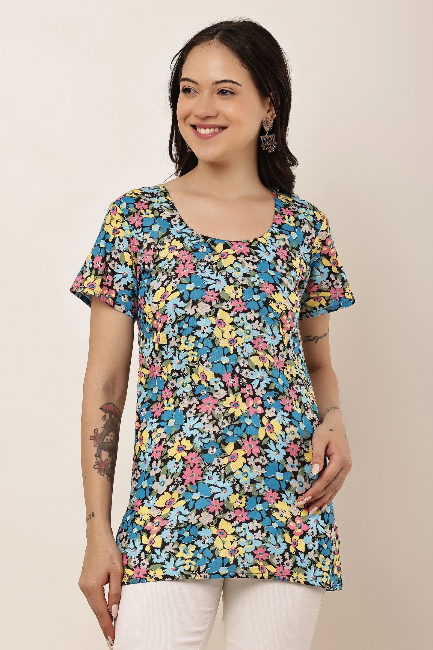 Women's Multicolor Floral Print Short Sleeve Tunic Top