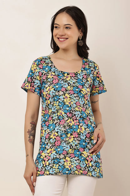 Women's Multicolor Floral Print Short Sleeve Tunic Top