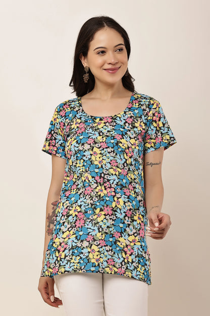Women's Multicolor Floral Print Short Sleeve Tunic Top