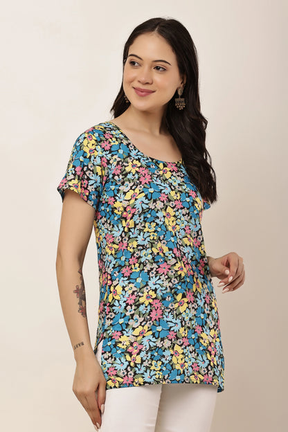 Women's Multicolor Floral Print Short Sleeve Tunic Top