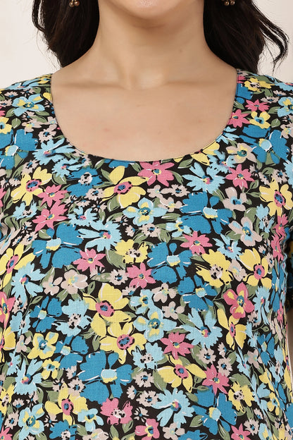 Women's Multicolor Floral Print Short Sleeve Tunic Top