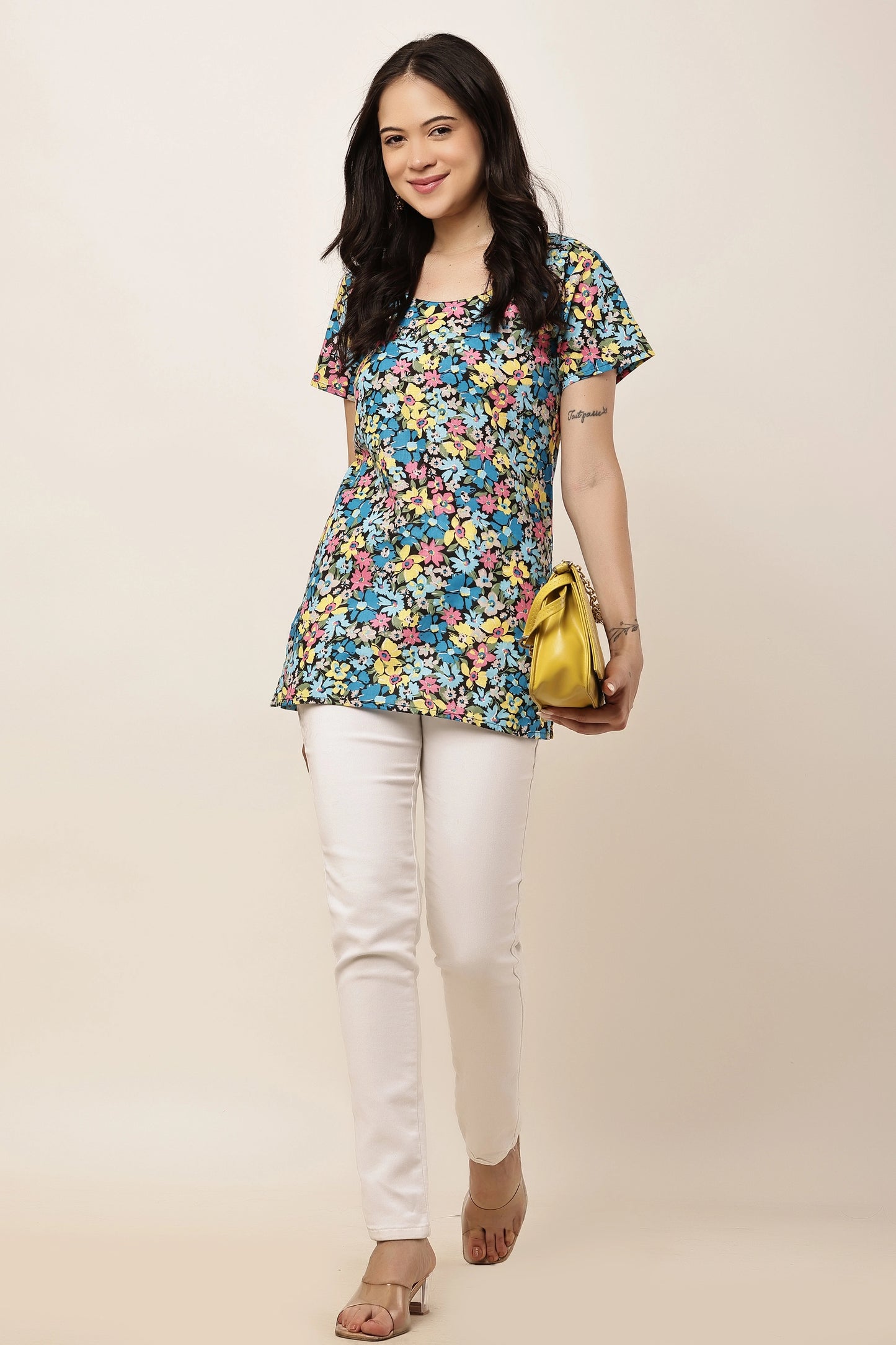 Women's Multicolor Floral Print Short Sleeve Tunic Top