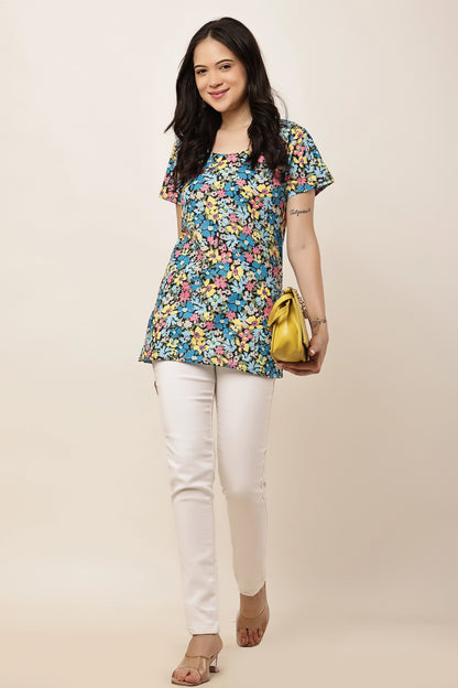 Women's Multicolor Floral Print Short Sleeve Tunic Top