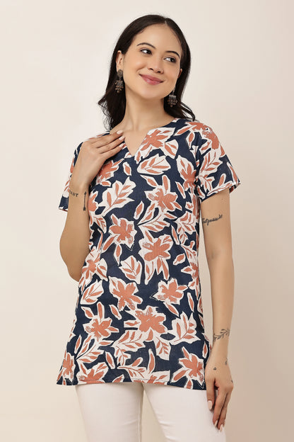 Women's Navy Blue Floral Print Tunic Top with Notch Neck