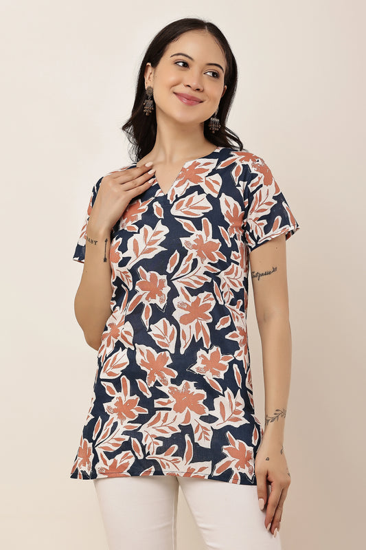 Women's Navy Blue Floral Print Tunic Top with Notch Neck