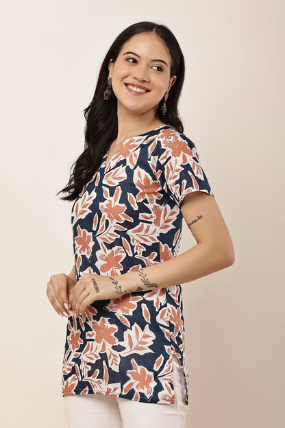 Women's Navy Blue Floral Print Tunic Top with Notch Neck