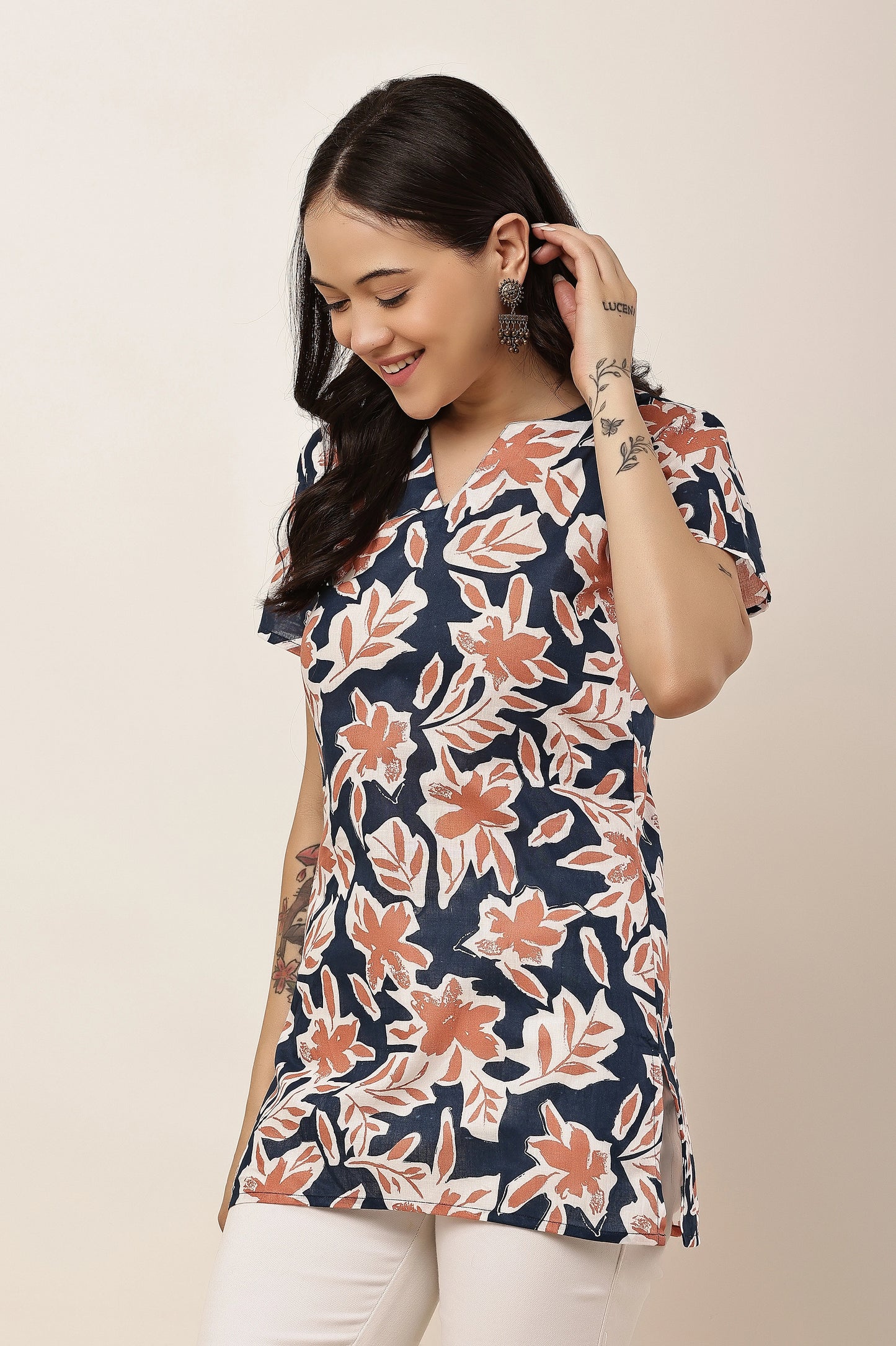 Women's Navy Blue Floral Print Tunic Top with Notch Neck
