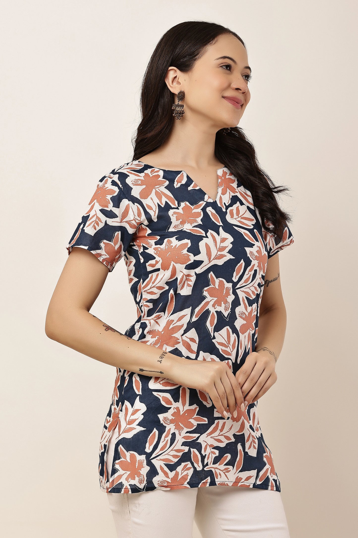Women's Navy Blue Floral Print Tunic Top with Notch Neck