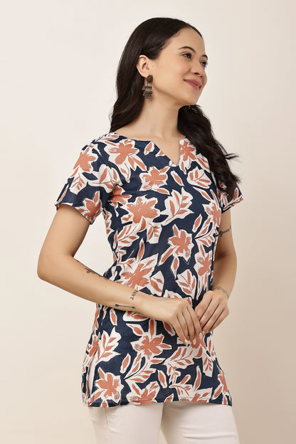 Women's Navy Blue Floral Print Tunic Top with Notch Neck