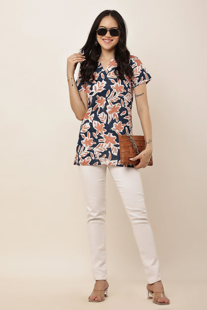 Women's Navy Blue Floral Print Tunic Top with Notch Neck