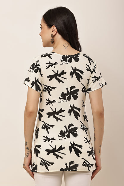 Women's Off-White Abstract Floral Print Square Neck Tunic Top