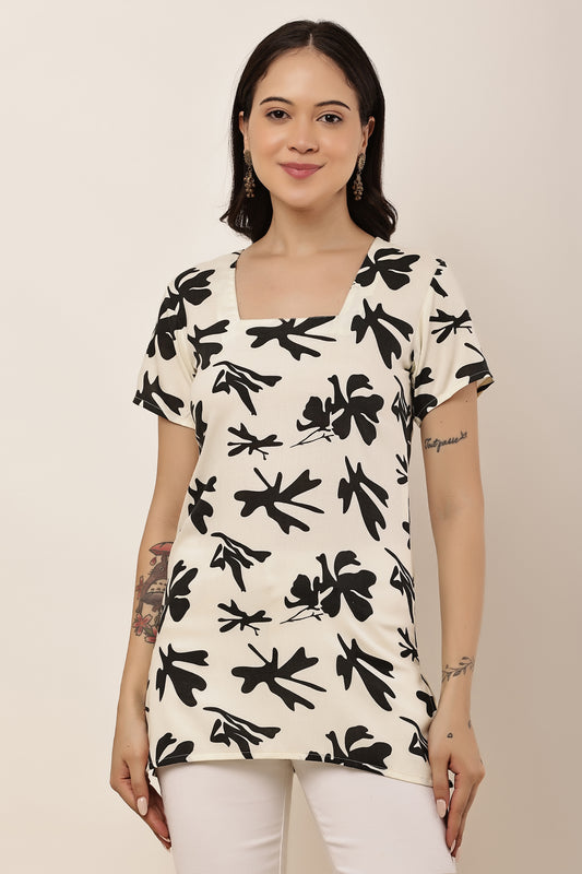 Women's Off-White Abstract Floral Print Square Neck Tunic Top