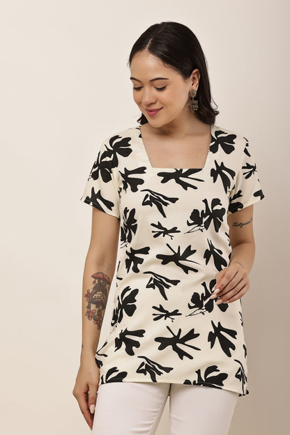 Women's Off-White Abstract Floral Print Square Neck Tunic Top