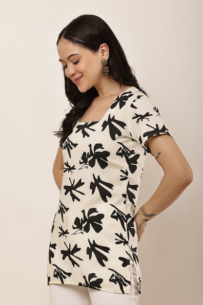 Women's Off-White Abstract Floral Print Square Neck Tunic Top