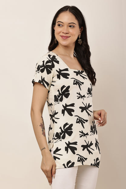 Women's Off-White Abstract Floral Print Square Neck Tunic Top