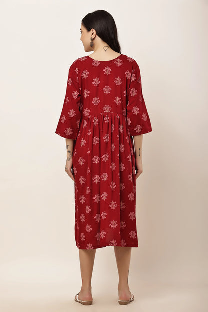 Maroon Printed Maternity & Nursing Midi Dress with Concealed Feeding Zip