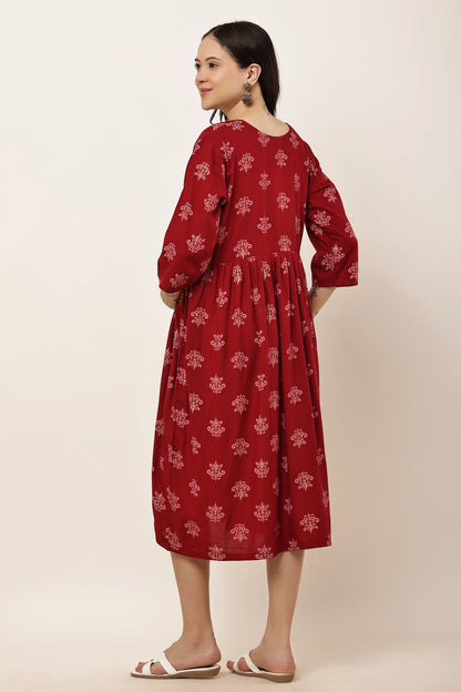 Maroon Printed Maternity & Nursing Midi Dress with Concealed Feeding Zip