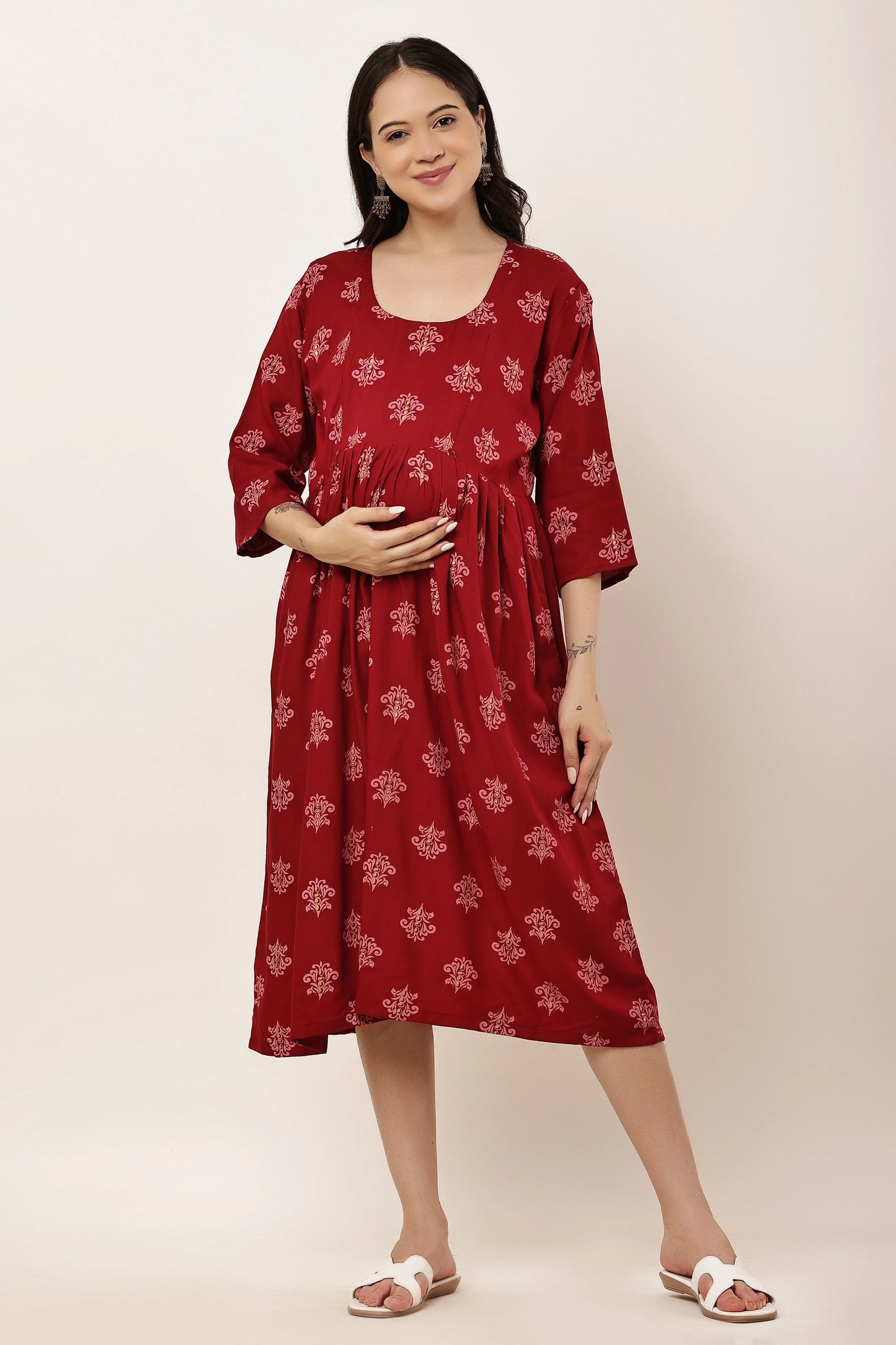 Maroon Printed Maternity & Nursing Midi Dress with Concealed Feeding Zip