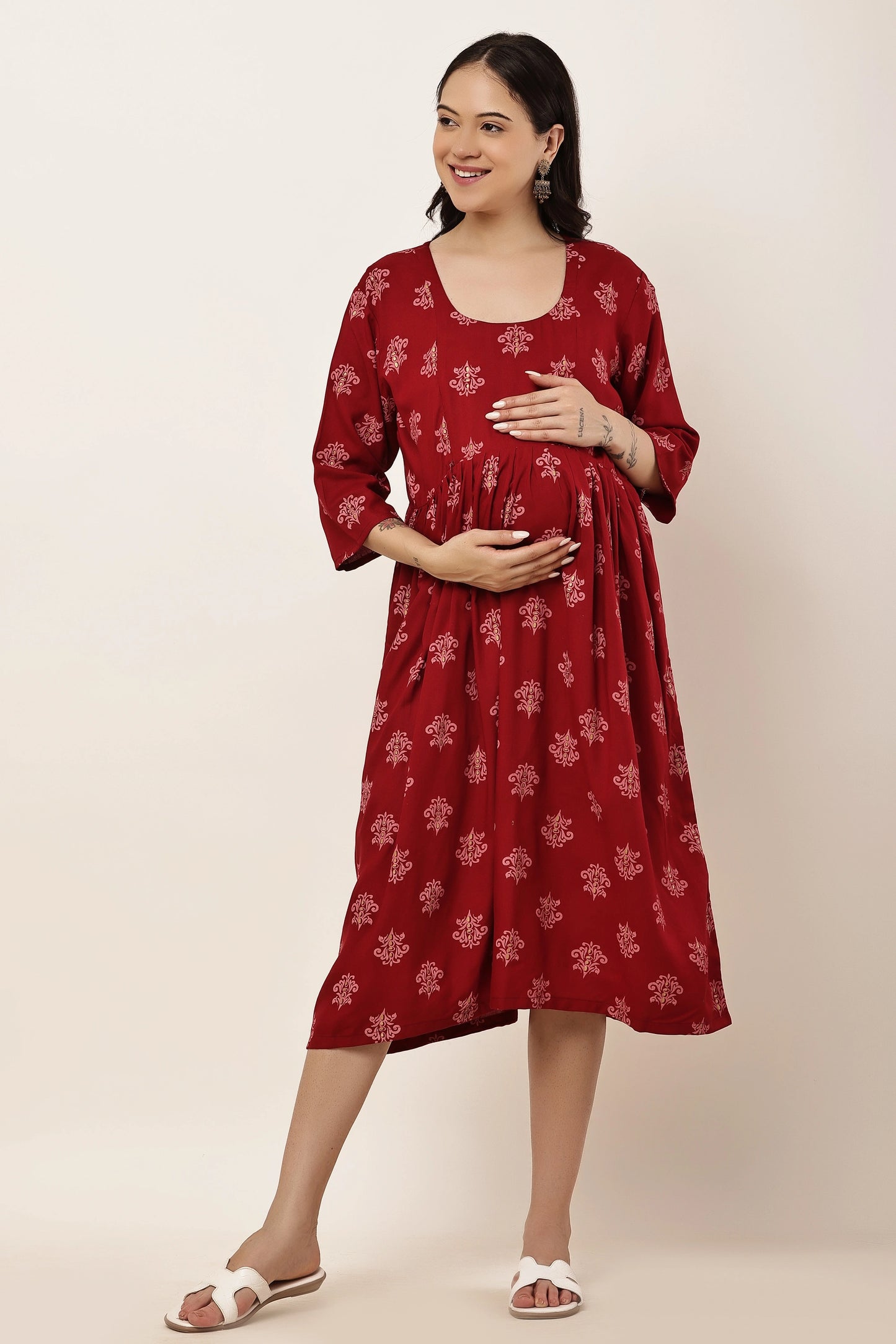 Maroon Printed Maternity & Nursing Midi Dress with Concealed Feeding Zip