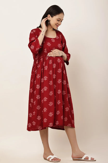 Maroon Printed Maternity & Nursing Midi Dress with Concealed Feeding Zip