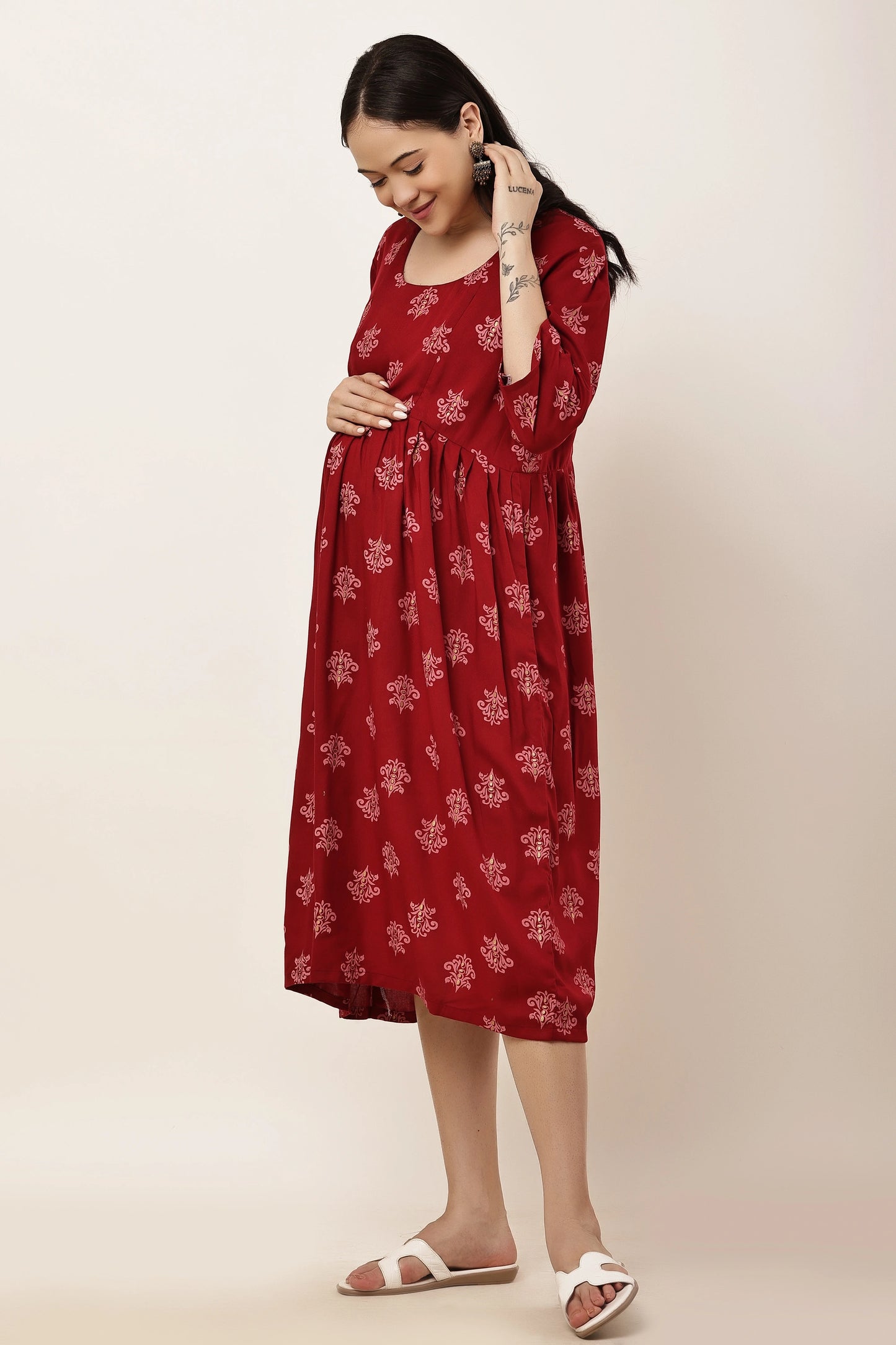 Maroon Printed Maternity & Nursing Midi Dress with Concealed Feeding Zip