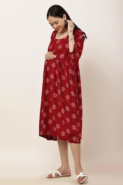 Maroon Printed Maternity & Nursing Midi Dress with Concealed Feeding Zip