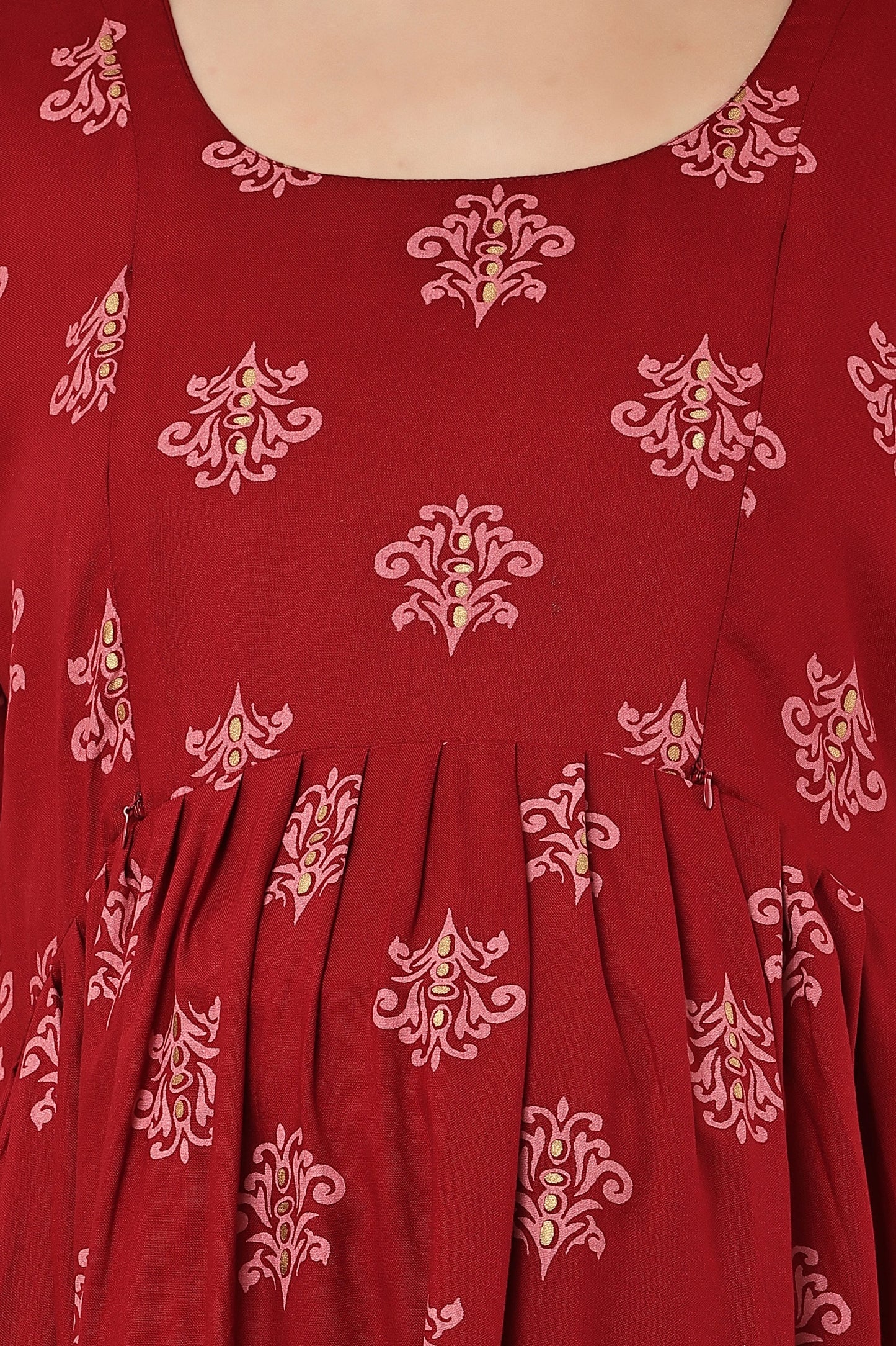 Maroon Printed Maternity & Nursing Midi Dress with Concealed Feeding Zip