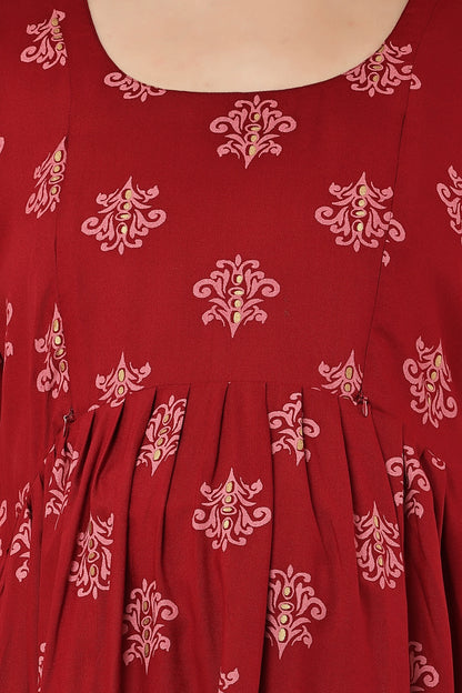 Maroon Printed Maternity & Nursing Midi Dress with Concealed Feeding Zip