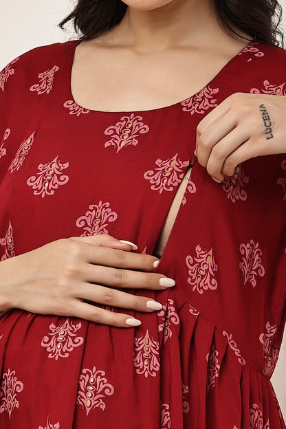 Maroon Printed Maternity & Nursing Midi Dress with Concealed Feeding Zip