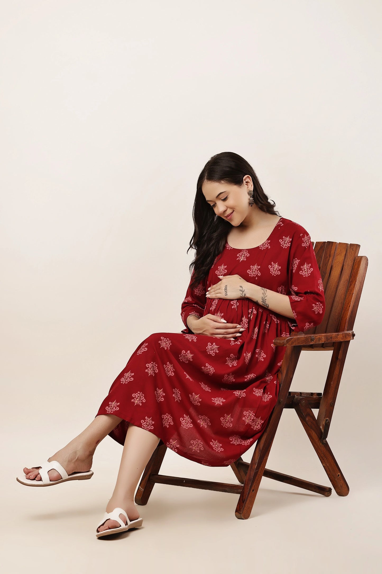 Maroon Printed Maternity & Nursing Midi Dress with Concealed Feeding Zip