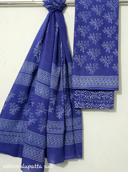 Indigo Blue Maheshwari Suit Set – Cotton Top & Dupatta with Cotton Bottom (Unstitched 3-Piece Set)