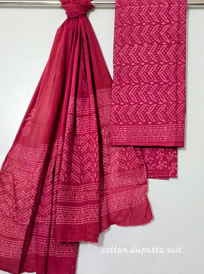 Deep Pink Cotton Suit Set – Printed Cotton Top & Dupatta with Cotton Bottom (Unstitched 3-Piece Set)