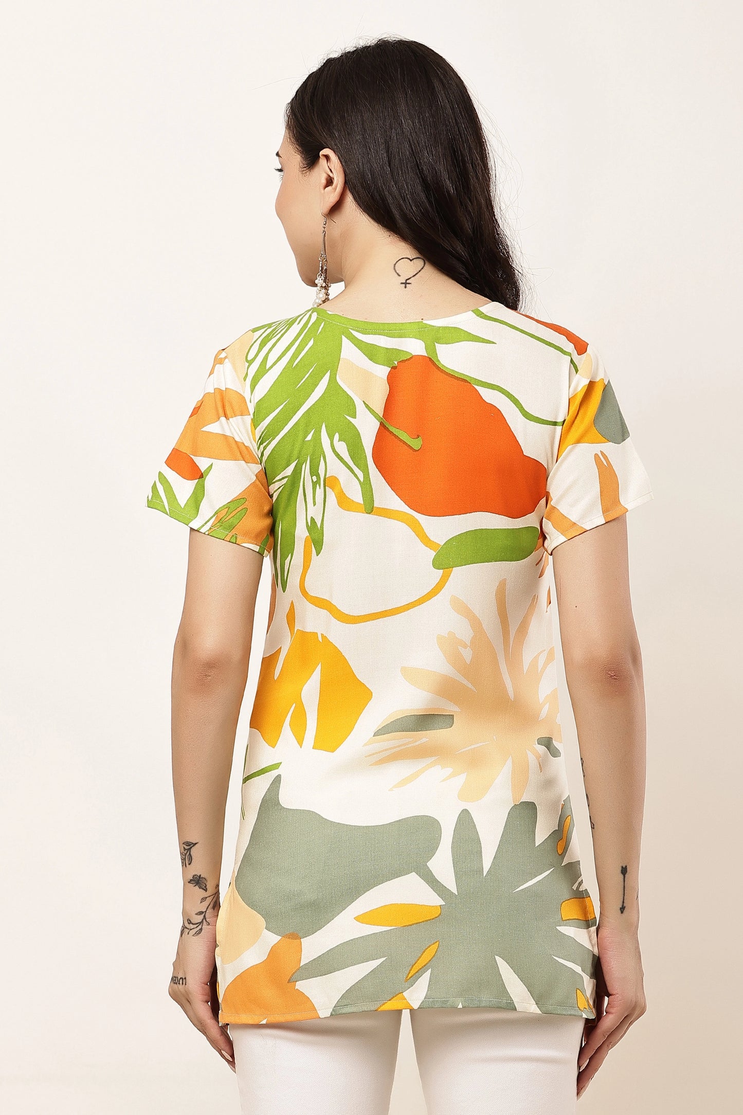 Women's Tropical Leaf Print V-Neck Short Sleeve Top