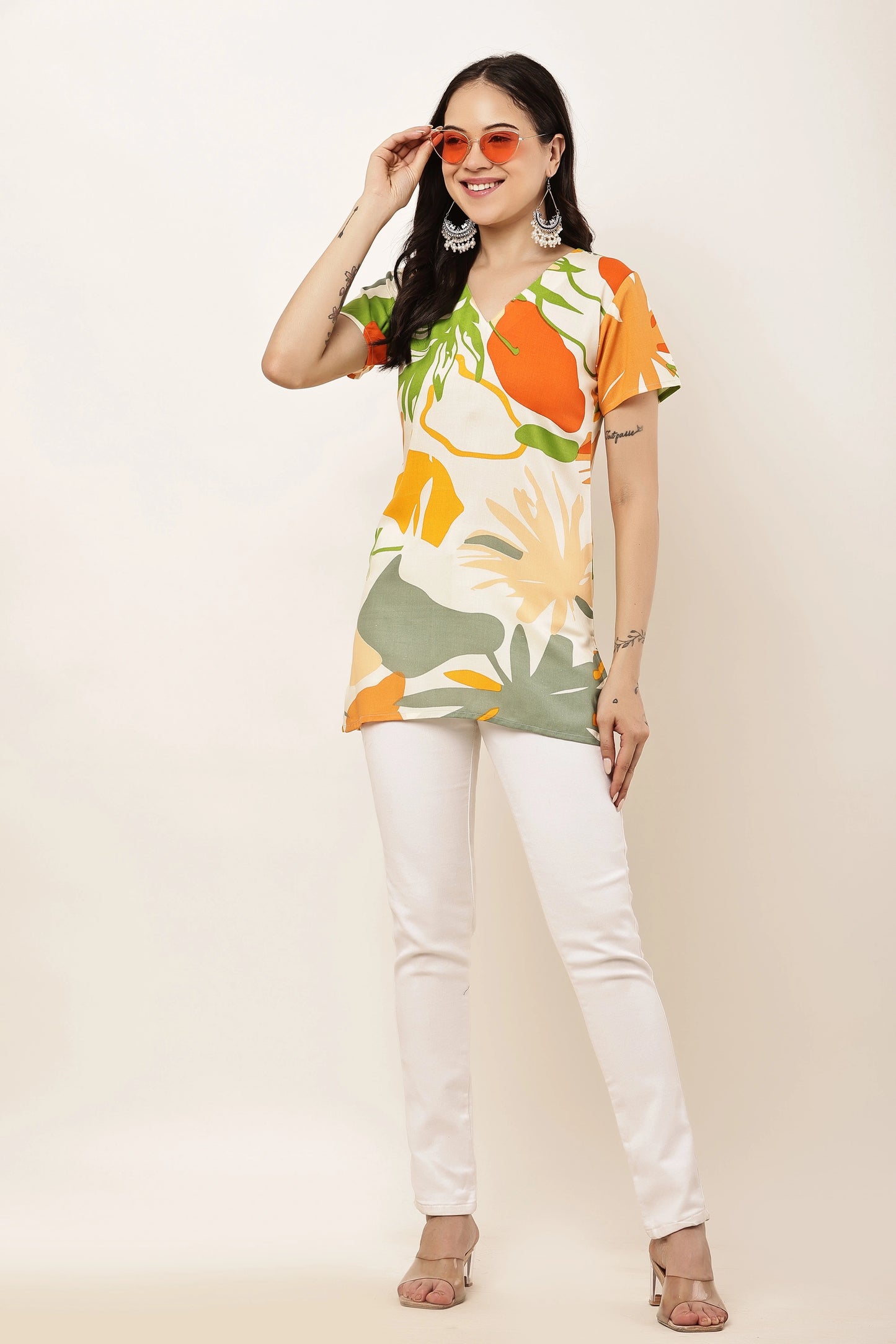 Women's Tropical Leaf Print V-Neck Short Sleeve Top