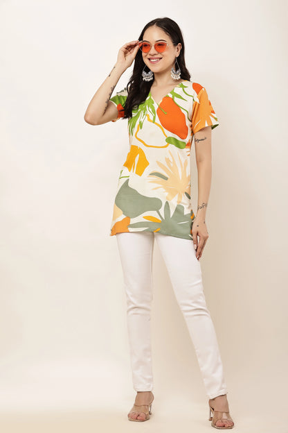 Women's Tropical Leaf Print V-Neck Short Sleeve Top