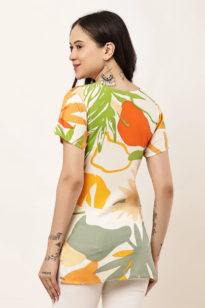 Women's Tropical Leaf Print V-Neck Short Sleeve Top