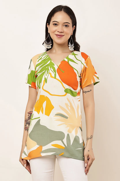 Women's Tropical Leaf Print V-Neck Short Sleeve Top