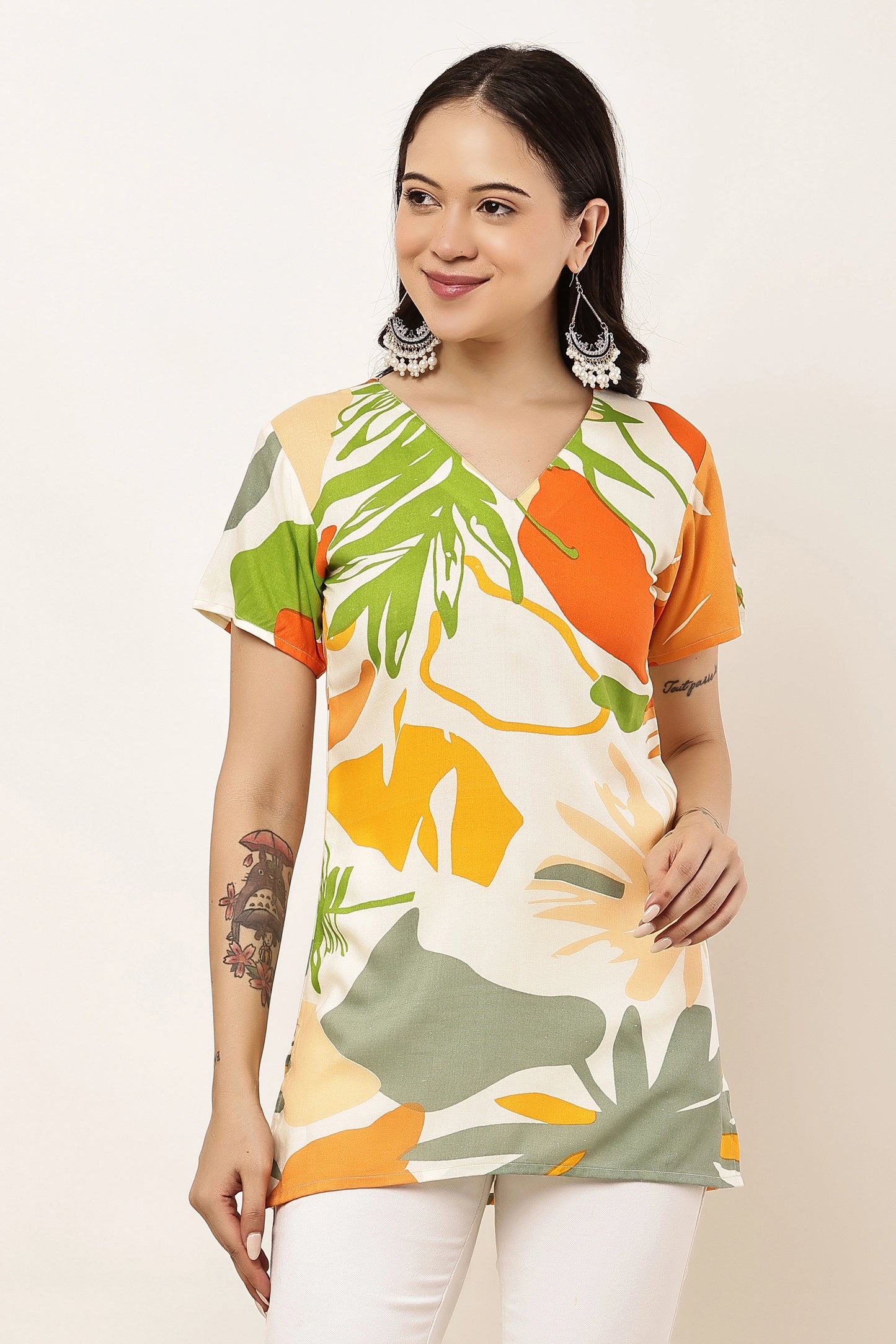 Women's Tropical Leaf Print V-Neck Short Sleeve Top