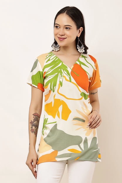Women's Tropical Leaf Print V-Neck Short Sleeve Top
