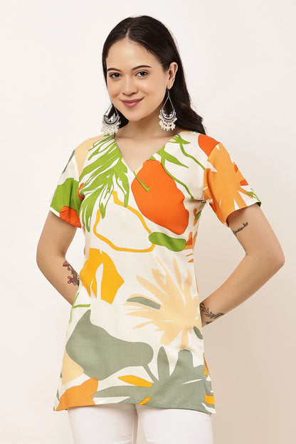 Women's Tropical Leaf Print V-Neck Short Sleeve Top