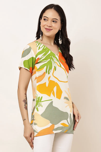 Women's Tropical Leaf Print V-Neck Short Sleeve Top