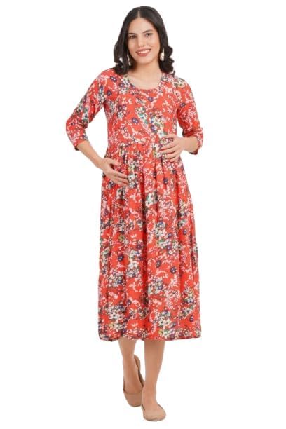 ZIFAZA Women's Maternity Dress | Rayon Floral Print Pregnancy Dress with Nursing Zippers | Comfortable Viscose Rayon Breastfeeding Wear for Moms
