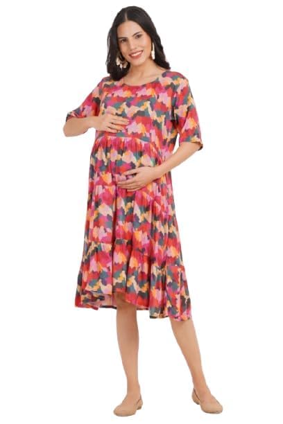 ZIFAZA Women's Maternity Dress | Rayon Floral Print Pregnancy Dress with Nursing Zippers | Comfortable Viscose Rayon Breastfeeding Wear for Moms