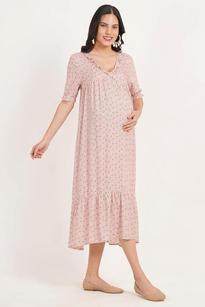 ZIFAZA Women's Maternity Dress | Rayon Floral Print Pregnancy Dress with Nursing Zippers | Comfortable Viscose Rayon Breastfeeding Wear for Moms