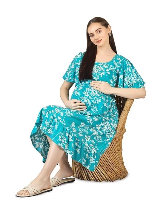 ZIFAZA Women's Maternity Wear | Turquoise Floral Maternity & Nursing Dress with Concealed Feeding Zipper