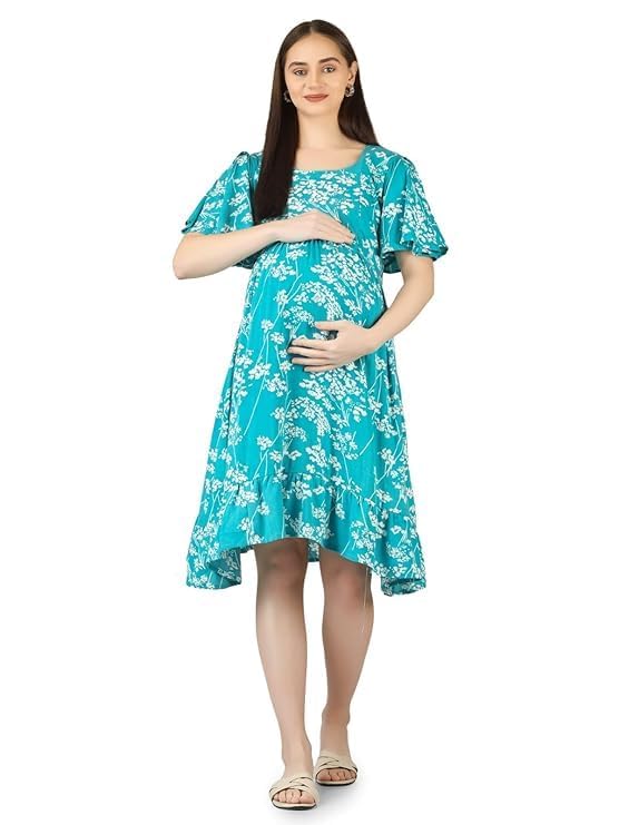 ZIFAZA Women's Maternity Wear | Turquoise Floral Maternity & Nursing Dress with Concealed Feeding Zipper