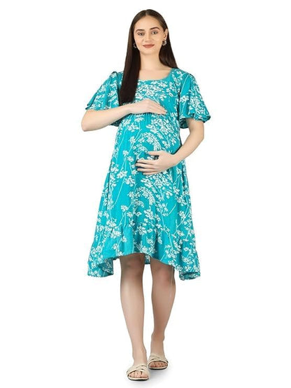 ZIFAZA Women's Maternity Wear | Turquoise Floral Maternity & Nursing Dress with Concealed Feeding Zipper