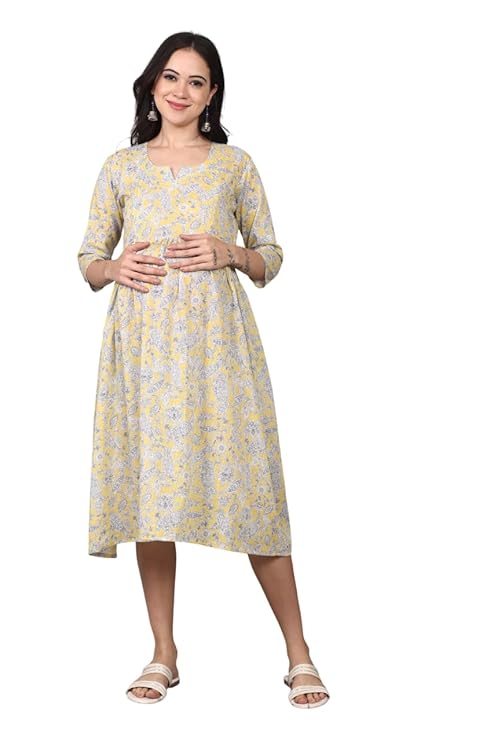 ZIFAZA Women's Maternity Wear | Soft Comfortable Ethnic Outfit for Pregnant Women | Feeding Friendly A-Line Nursing Dress for Moms-to-Be