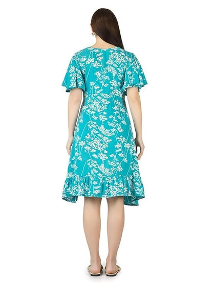 ZIFAZA Women's Maternity Wear | Turquoise Floral Maternity & Nursing Dress with Concealed Feeding Zipper